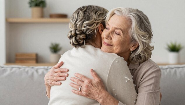 Affectionate senior woman gently embracing another person in a tender moment