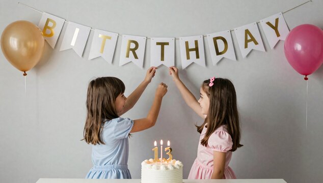 Two young girls hang a birthday banner for a celebration at home