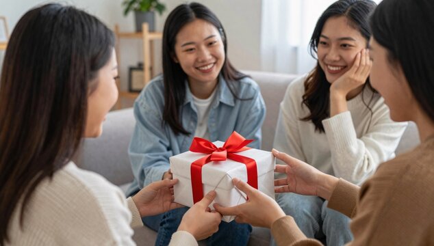 Young asian women exchanging a white gift box with a red bow, expressing gratitude