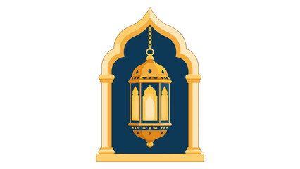 Obraz premium Golden hanging lantern inside ornate arched window frame