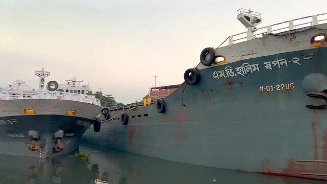 Old cargo ship bow on land nobody industrial area