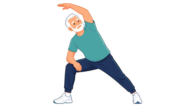 Senior man doing side stretch exercise in sportswear vector