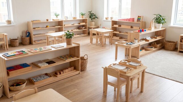 A bright and spacious classroom designed for young children, featuring child-sized wooden tables and chairs, and shelves filled with educational materials