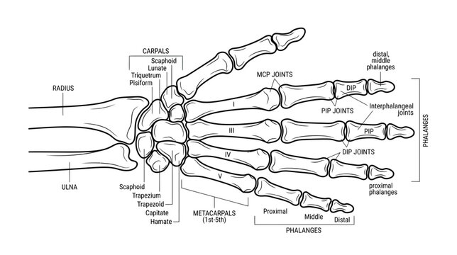 Anatomical Illustration of Human Hand Skeleton with Labels