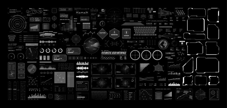 abstract technology bacSci-fi visual collection, big set HUD, UI graphic elements. Futuristic cyberpunk UI - circle radars, charts, warnings, frames, data panels, crosshair and othkground with numbers