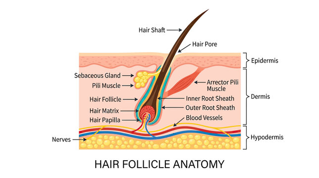 Hair Follicle Anatomy Diagram: Cross-section showing layers of skin and hair structure.