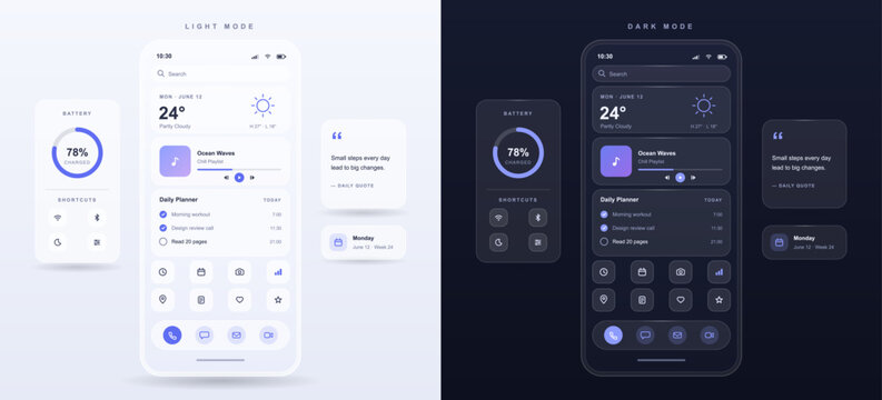 Neumorphism mobile app UI kit. Application screens with widgets, panels in light and dark modes. Mobile phone app, UI, UX, Kit interface  featuring weather, music, planner, calendar and other. Vector