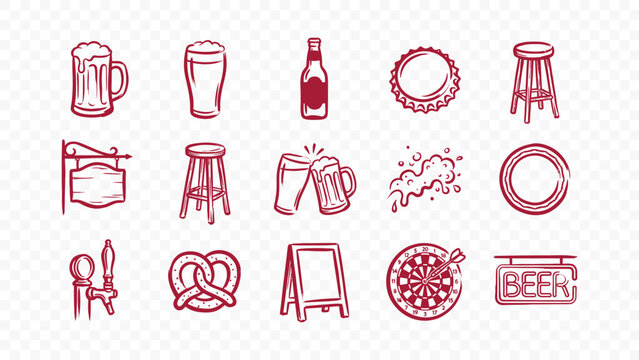 bar pub beer stool dartboard social drinks nightlife fun entertainment party doodle handmade ink scribble flat line art vector illustration icon bundle set calligraphy drawing design
