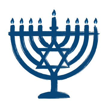 A blue and white illustration of a lit Hanukkah menorah with the Star of David