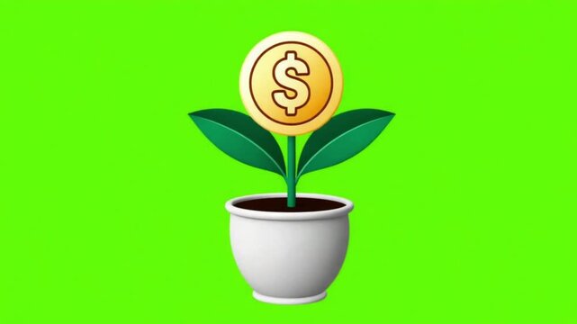 Growing plant sprout with spinning gold coin in flower pot vector animation on green screen background
