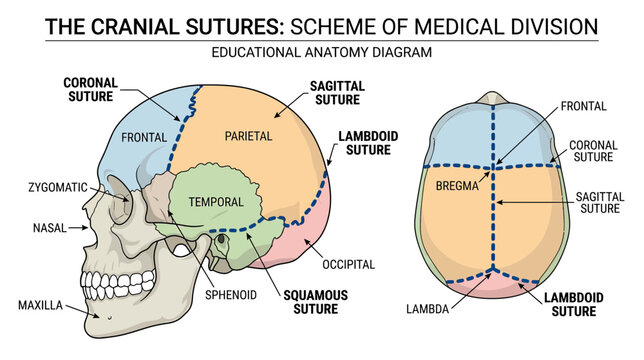 Human Skull Anatomy Diagram: Cranial Sutures and Bones, Medical Illustration