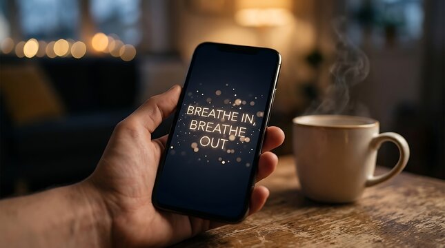 Person holding a smartphone with a calming breathing exercise app displayed on screen next to a steaming cup of coffee.