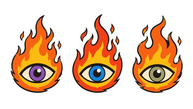 Set of cartoon flaming eye symbols in bright vector style