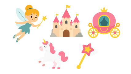 Obraz premium Cute fairy tale vector set with fairy castle carriage and unicorn
