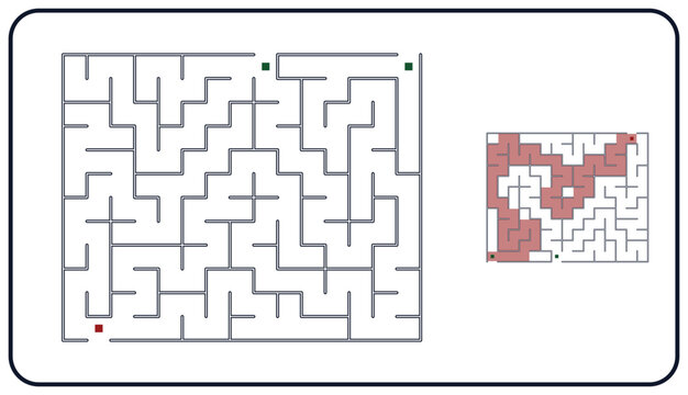 Hard rectangular maze with dark blue frame, grey orthogonal labyrinth with pink filled cells solution path, puzzle with two green entrances, one false route and red square exit
