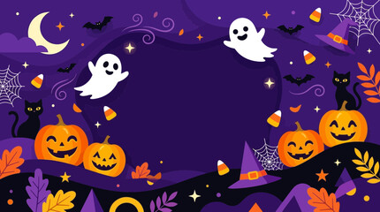 Fototapeta premium Festive Halloween Vector Background with Spooky Pumpkins, Ghosts, and Witch Hats for Autumn Celebration