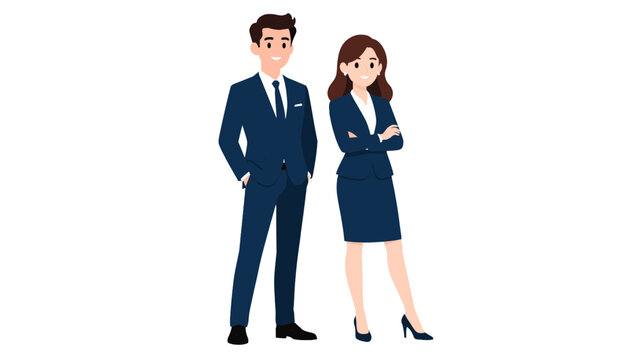 Businessman and businesswoman standing in formal office attire