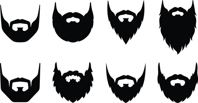 Beard Silhouette Collection Set with Various Facial Hair Styles Vector Illustration