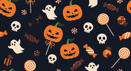Fototapeta premium Seamless Halloween pattern featuring spooky carved pumpkins, white ghosts, skulls, and various colorful candies on a dark background.