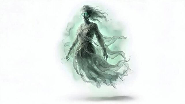 Ethereal ghost woman with glowing eyes floating in a mystical mist