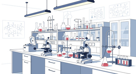 Fototapeta premium Modern science laboratory interior featuring microscopes, beakers, flasks, and various research equipment on white workbenches.