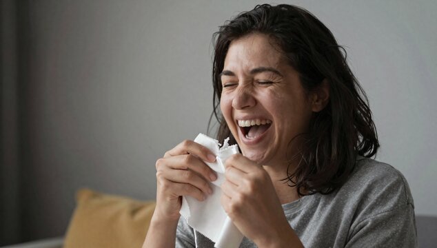 Woman laughs while holding a tissue to her face, indicating she may be crying or reacting to something