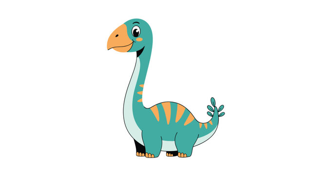 Adorable green and orange brontosaurus dinosaur with a long neck and big eyes standing on a clean white background.