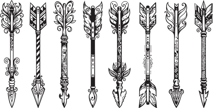 Collection of eight medieval maces, meticulously traced with clean, sharp lines and a monochromatic palette, evoking historical power and a sense of formidable weaponry for
