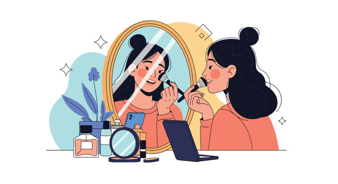 Young woman applies makeup with a brush while looking at her reflection in an elegant oval mirror on her well equipped vanity.