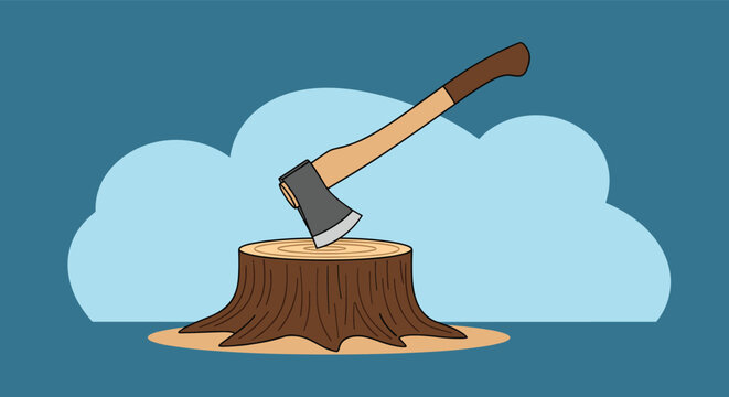Sharp metal axe is embedded in a wooden tree stump against a bright blue sky background with fluffy white clouds for a scene.