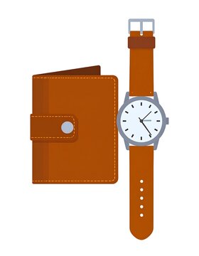 A digital illustration of a brown leather wallet and matching watch