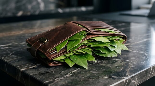 A rustic brown leather wallet overflowing with fresh green bay leaves captured in a high angle macro photographic studio shot.