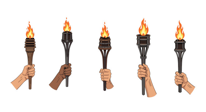 Set of five hands with various skin tones are shown holding flaming wooden torches against a plain white background for unity.