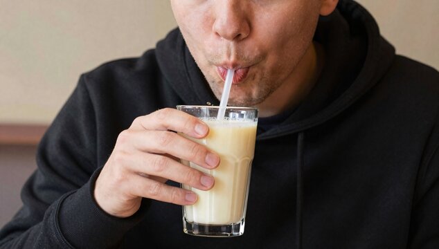 Young man enjoys a frothy milkshake with a straw in a glass indoors on a neutral background