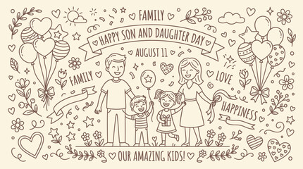 Fototapeta premium Happy Son and Daughter Day celebrated with a loving family illustration, featuring parents and children surrounded by festive elements and positive words.