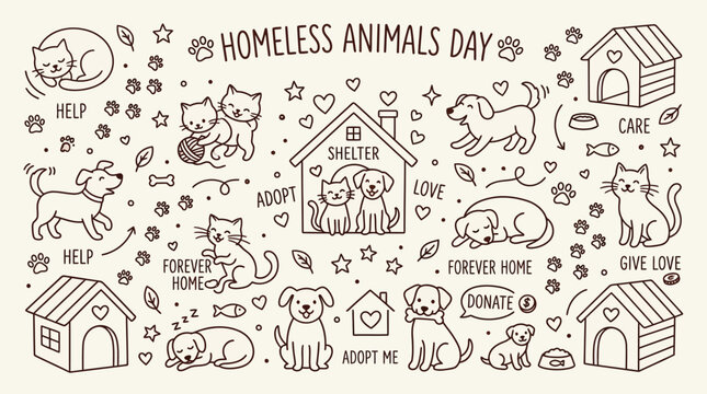 Homeless Animals Day Doodle Illustration with Dogs and Cats in Shelters.