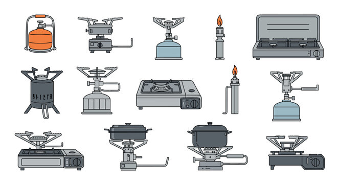 Extensive collection of various portable camping stoves, gas burners, and outdoor cooking equipment is shown in a detailed set.
