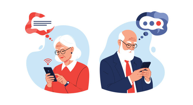 Elderly man and woman use their mobile phones to send text messages with speech bubbles appearing above them in a split design.