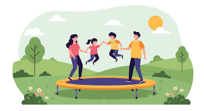 Happy family of four jumps high on a large trampoline in a beautiful green park under a bright yellow sun during a summer day.