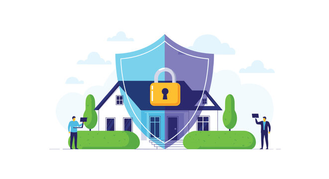 Large blue shield with a gold padlock icon protects a white house while security professionals monitor the property from both sides.