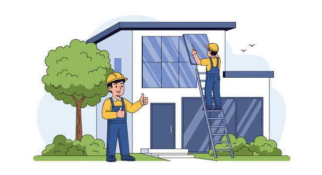 Professional construction workers installing modern solar panels on residential house roof to promote renewable energy and sustainable living solutions.