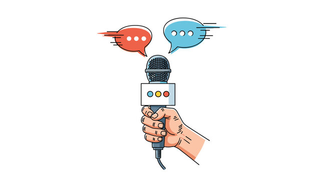 Hand holding a professional news microphone with colorful speech bubbles representing different opinions or global voices.
