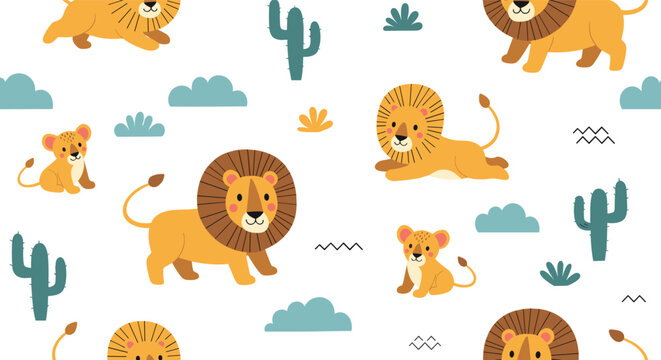 Playful seamless pattern featuring friendly cartoon lions, cute lion cubs, cacti, and blue clouds on a white background.