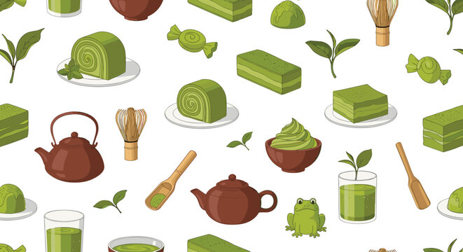 Delicious seamless pattern with various matcha green tea products including desserts, teapots, whisks, and a cute frog.
