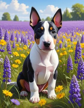 A digital illustration of a bull terrier puppy sitting in a vibrant field of purple and yellow flowers