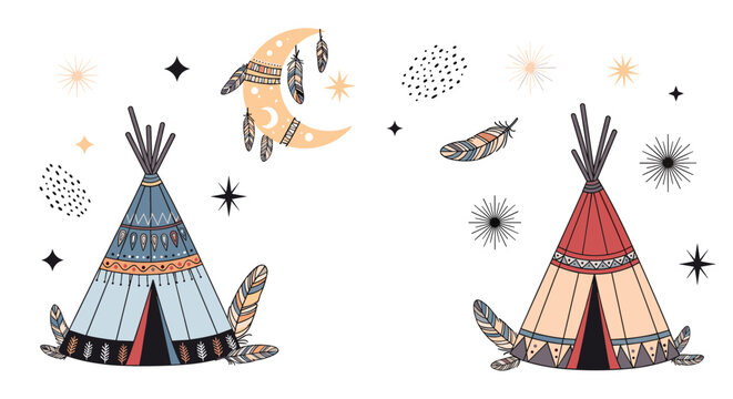 Traditional Native American teepees decorated with patterns under a crescent moon with feathers and stars on white space.