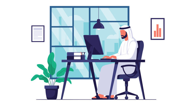 Professional Arab businessman wearing traditional white thobe works on a computer in a modern city office with city view.
