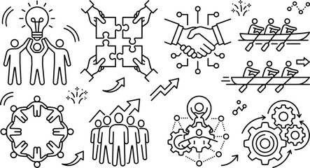 Fototapeta premium Business Teamwork and Corporate Partnership Concept Icon Set Featuring Handshake Puzzle Connection Rowing Crew Idea Brainstorming and Gear Mechanism Line Graphics