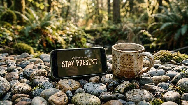 Smartphone displaying Stay Present message next to a mug of coffee on a bed of river stones in a lush forest setting.