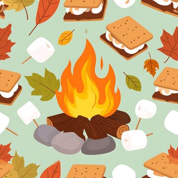 A digital illustration of a campfire with toasted marshmallows, graham crackers, and autumn leaves on a mint green background